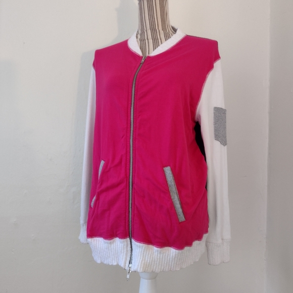 Pete Collection Pink Colorblock Full Zip Jersey Knit Bomber Jacket Size L - Picture 1 of 14